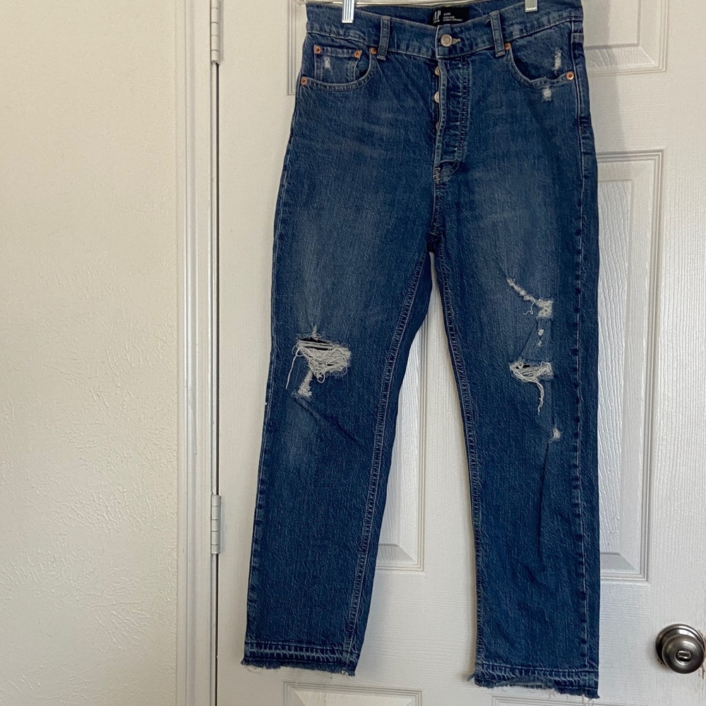 GAP Women’s Straight Blue Jeans with Distressed Details